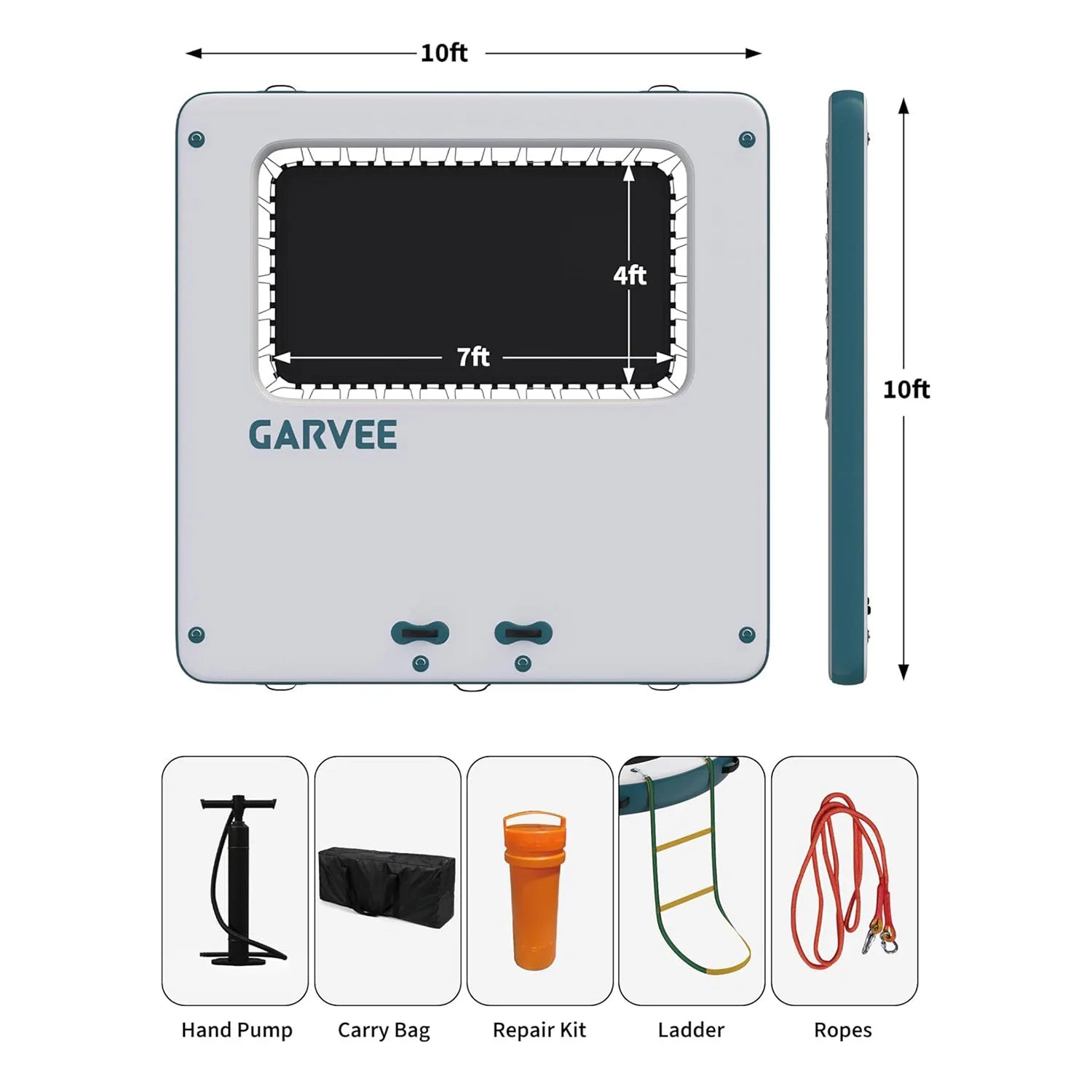 Uppblåsbar Flytande Plattform 10x10ft med 4x7ft Trampolin – Badplattform för Sjö, Pool & Strand