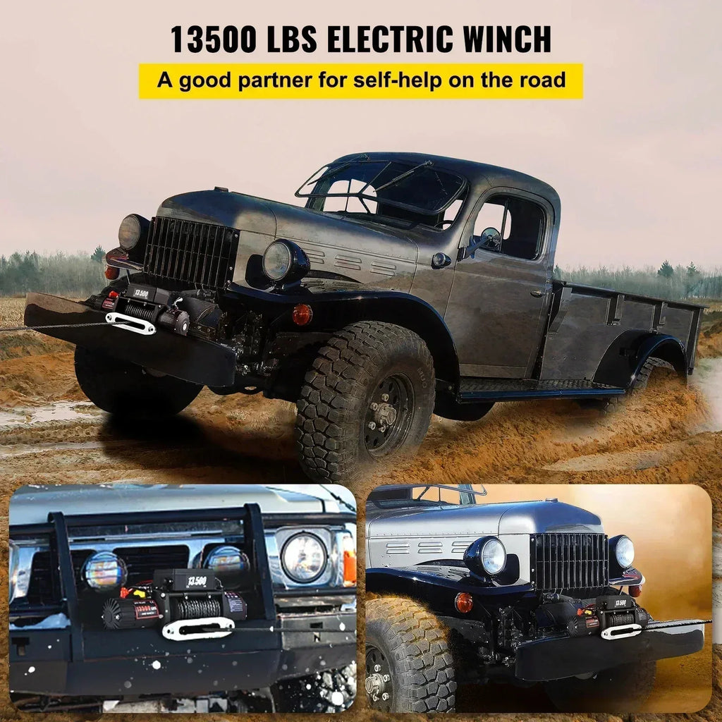 Elektrisk Lastbilsvinsch 13500 lbs 12V - Kraftfull Syntetisk Rep Vinsch med Trådlös & Trådbunden Fjärrkontroll .