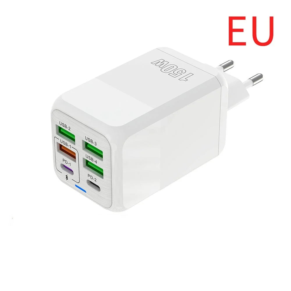 150W Universal USB Laddare 6 Portar - PD Fast Charging Quick Charge 3.0 Multi-Port Power Adapter - Väggadapter med EU/US/UK Plugg för iPhone, Samsung, Laptop.