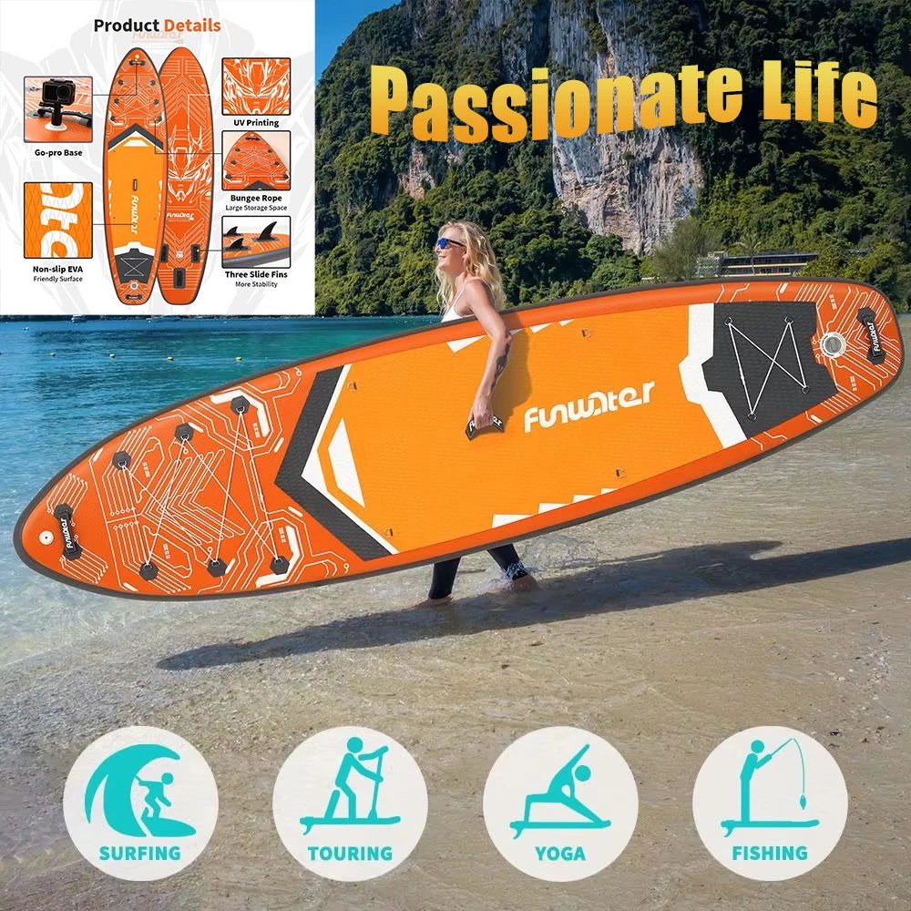 FunWater Uppblåsbar SUP-bräda 11'6" | 200 kg kapacitet, trippelfena, halkfri EVA-däck & bungee