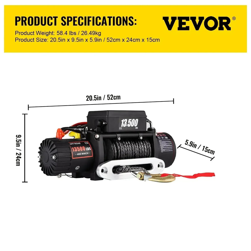 VEVOR Elektrisk Vinsch 13500 lbs - Kraftfull 12V Bilvinsch med Syntetiskt Rep 24m för Terrängbilar, Båt & Trailer 13500lbs Czech Republic