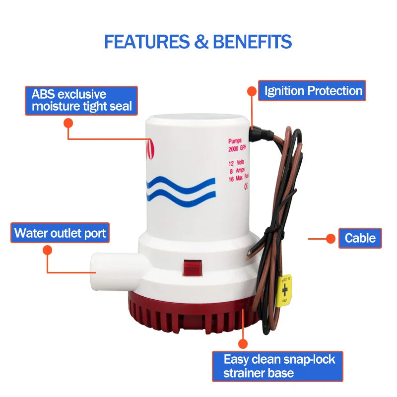 2000GPH 12V Marin Länspump – Kraftfull Dränkbar Båtpump 8A Högflöde för Yacht RV Husbil