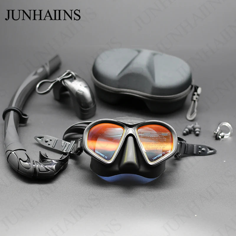 Professional Wet Low Volume Freediving Mask, Tempered Glass Freedive Mask, J-Type Diving Mask, Snorkel Set, With Camera Mount SVART GUL SET