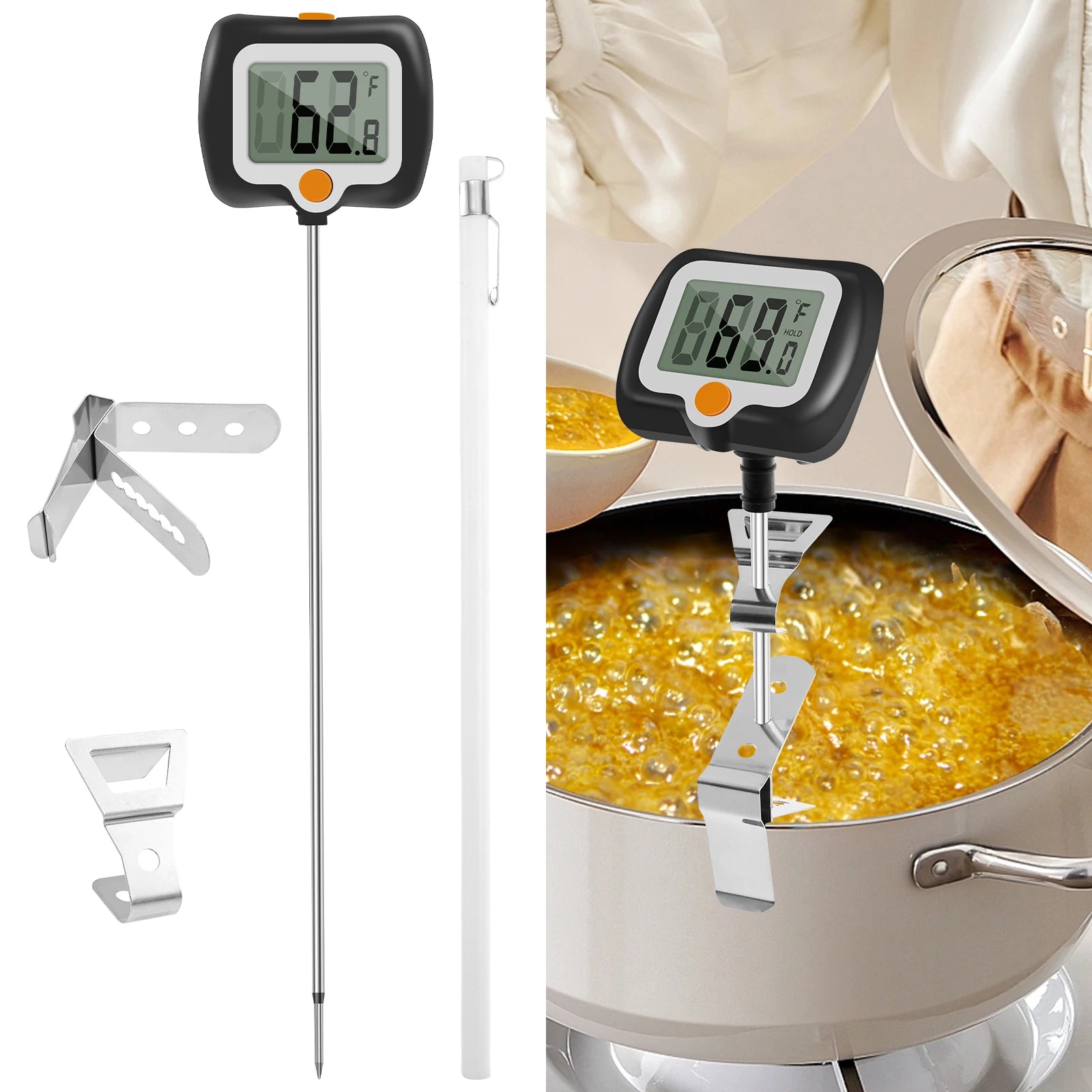 Digital Candy Thermometer with Pot Clip Kitchen Thermometer for Cooking, Baking, and Candy Making Stainless Steel Probe