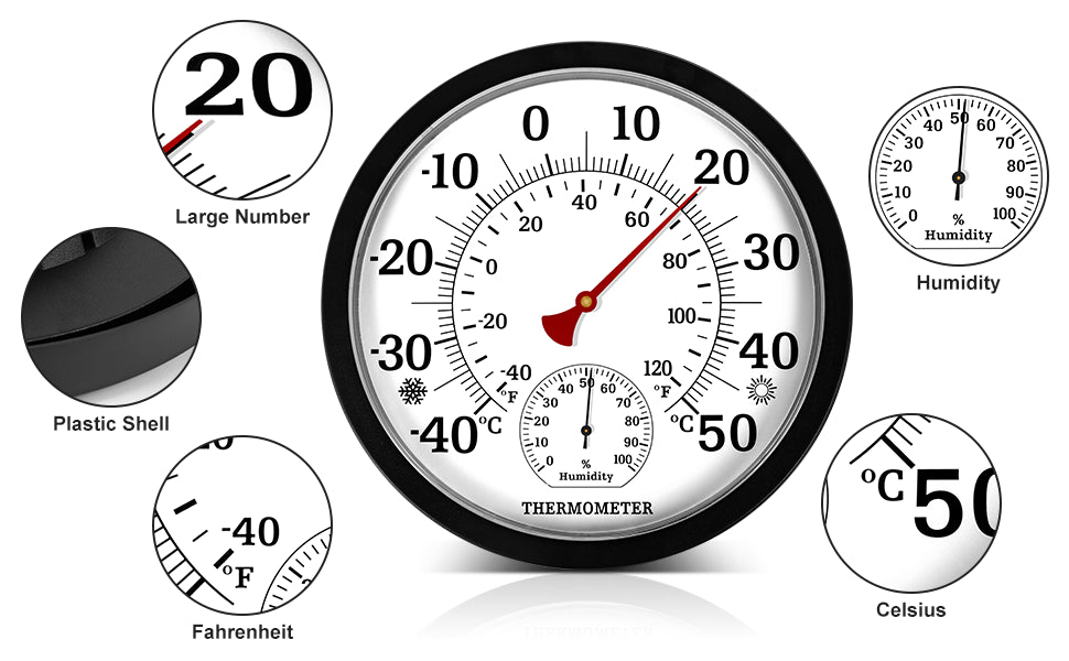 25CM Stor Termometer Hygrometer - Inomhus Utomhus Trädgård Väggmonterad