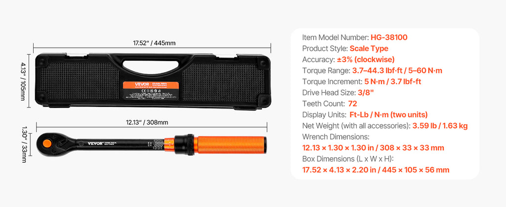 Professionell Momentnyckel Set – Dubbelriktad Justerbar Momentnyckel med Dubbla Skalor